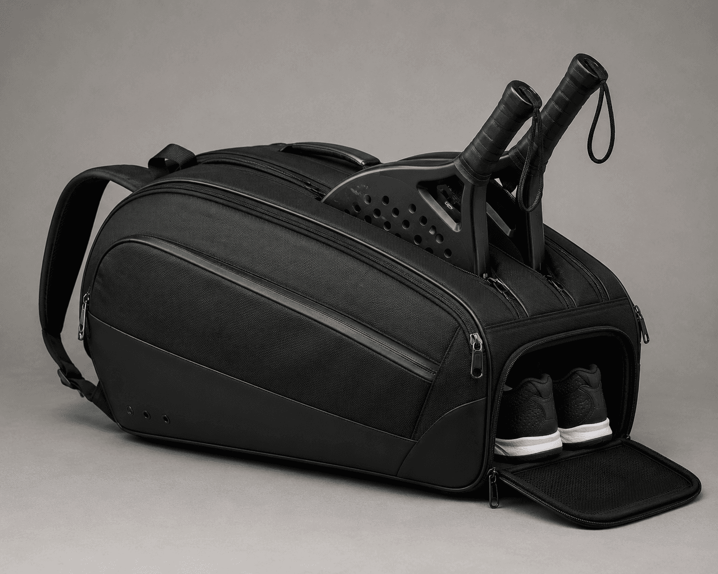 Premium black custom padel duffel with racket and shoe storage