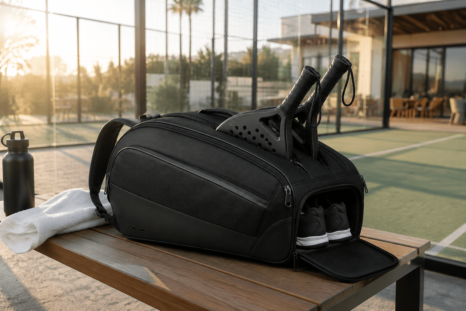 Premium padel bag beside a modern padel court