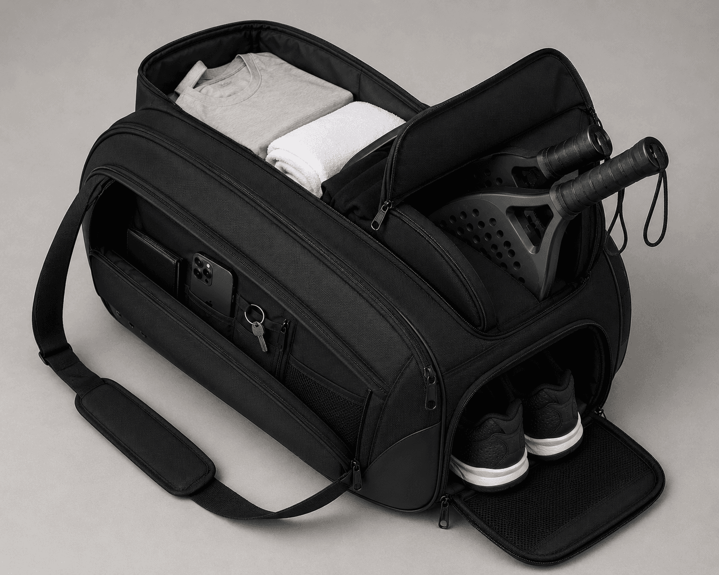 Open padel bag showing protected racket, shoe and accessory storage