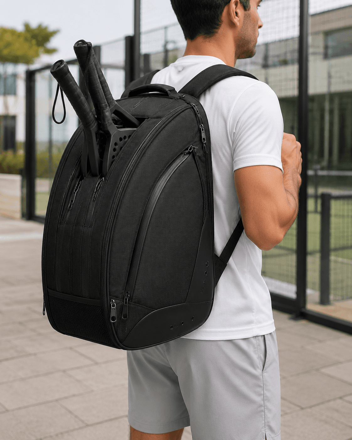 Padel backpack carry system shown in real court use