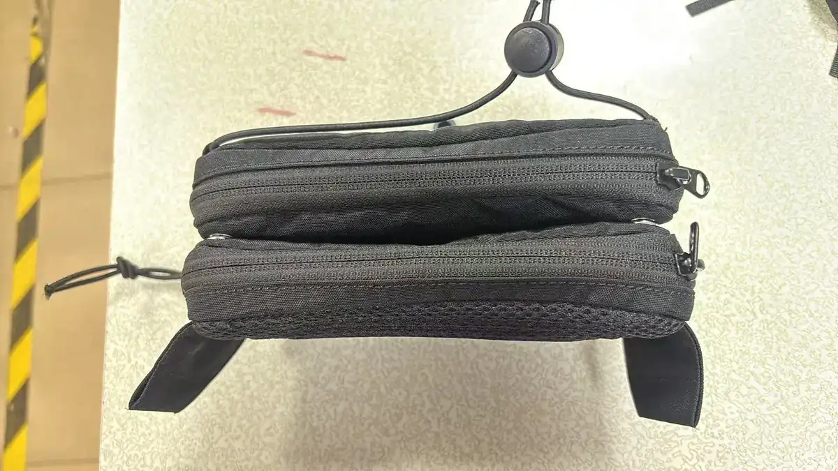 Actual running waist pack sample zipper and compartment construction detail