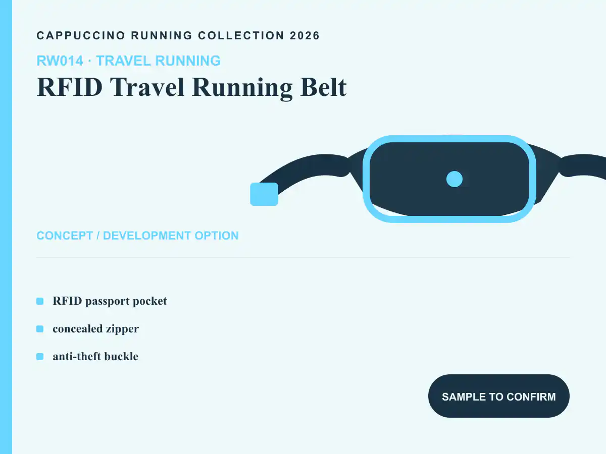 RW014 RFID Travel Running Belt clearly labeled concept development option for OEM and ODM review