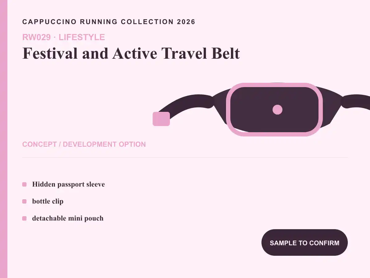 RW029 Festival and Active Travel Belt clearly labeled concept development option for OEM and ODM review