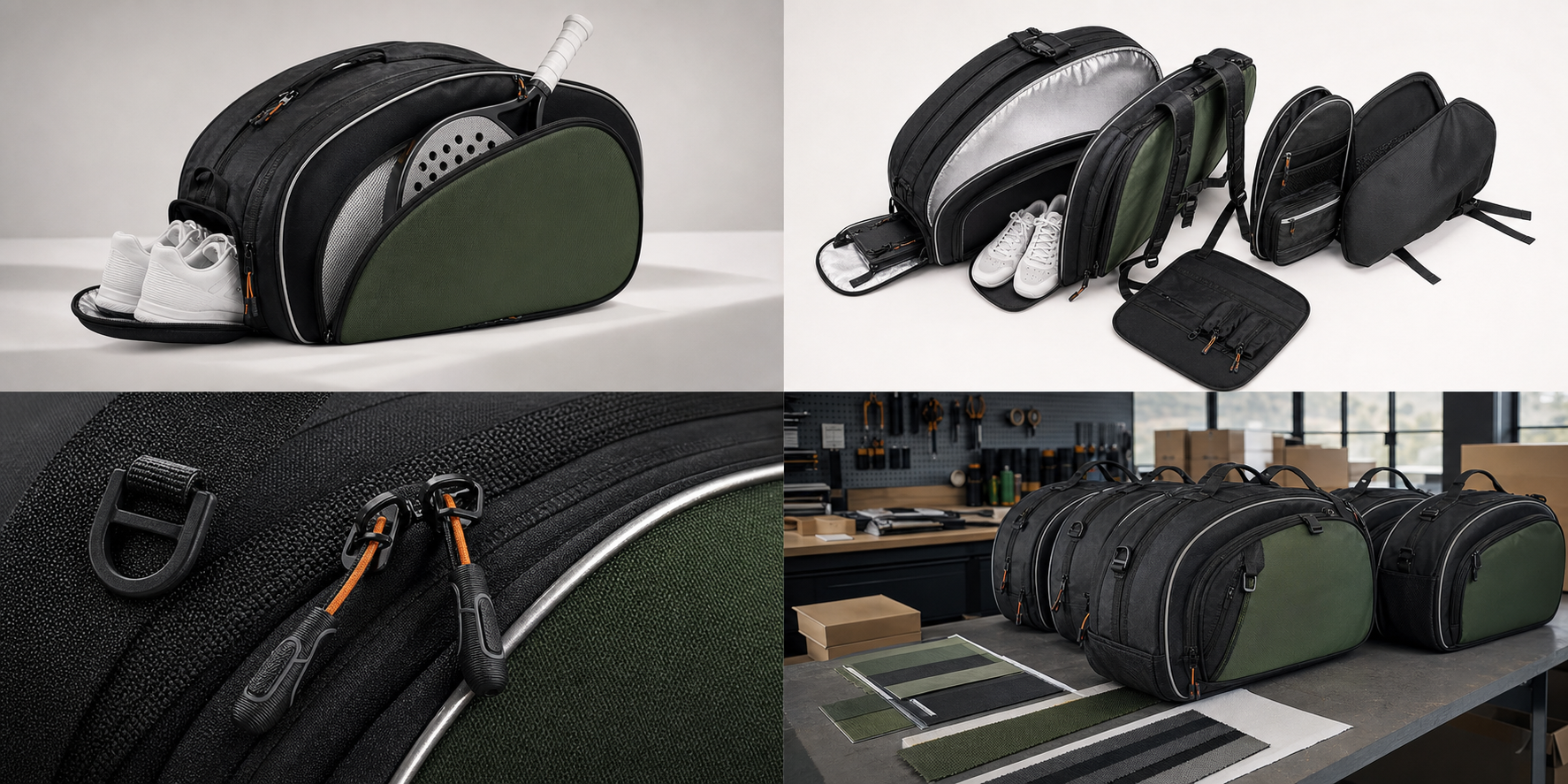 Custom padel bag development set showing structure, materials and sports use