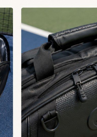 Reinforced handle zipper and construction detail for a custom padel duffel