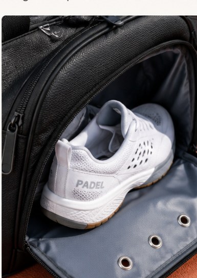 Ventilated shoe compartment development detail for a custom padel bag