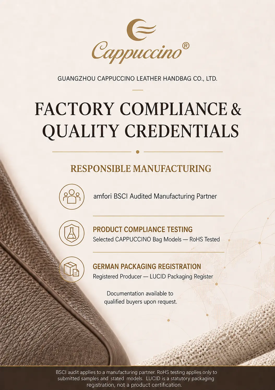 Cappuccino factory compliance overview with audited manufacturing partner, selected product testing and German packaging registration